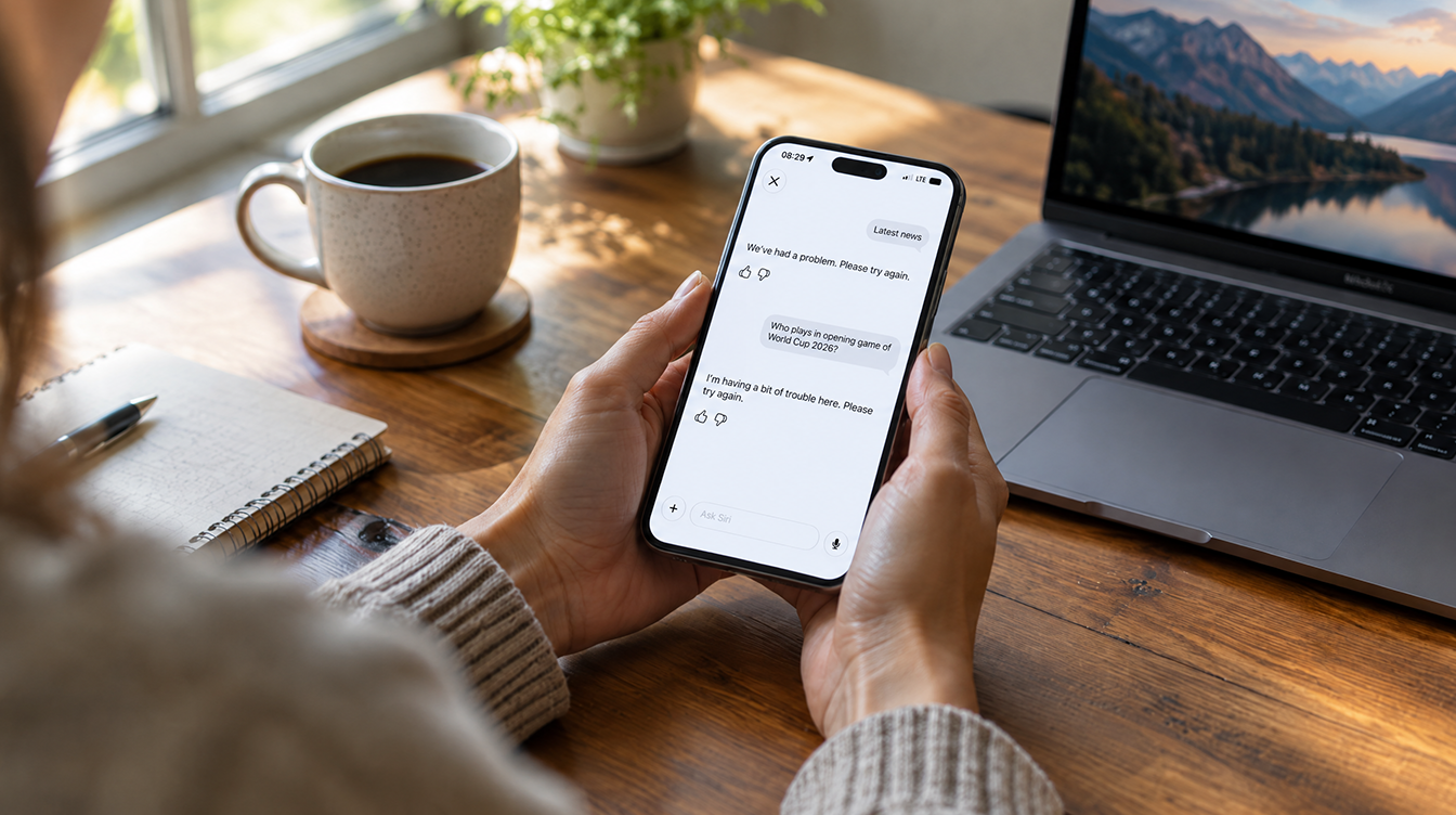 Hands hold a glowing smartphone at a sunlit kitchen table beside a laptop, a fix for Siri AI not working