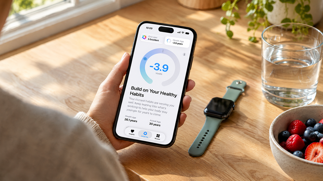 Hand holding a phone over a kitchen counter with a smartwatch nearby, waiting on the iOS 27 health app redesign