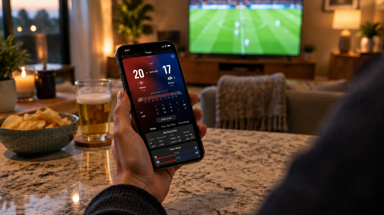 Hand holding a phone with a score card on the Lock Screen, an Apple Sports live activity during a soccer match