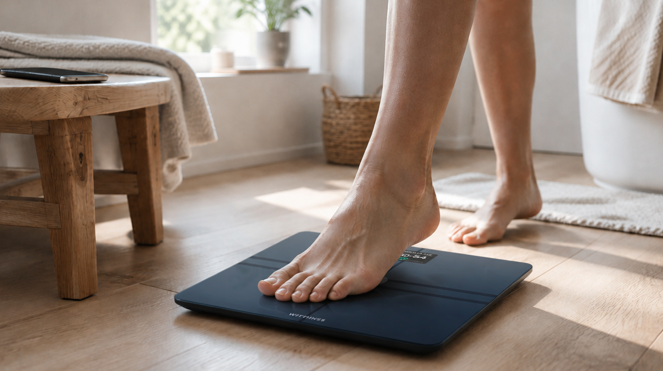 Bare foot stepping onto a white smart scale with a phone nearby, the start of Withings Apple Health sync