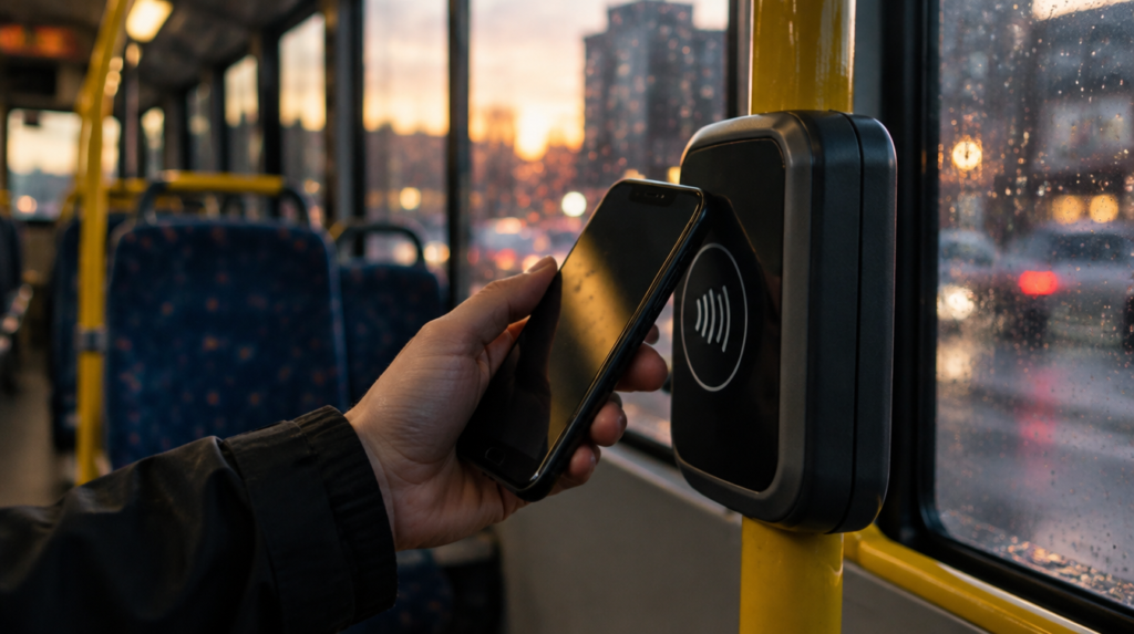 Hand holding a phone to a contactless reader on a bus at dusk after the rider chose to add Bee Card to Apple Wallet