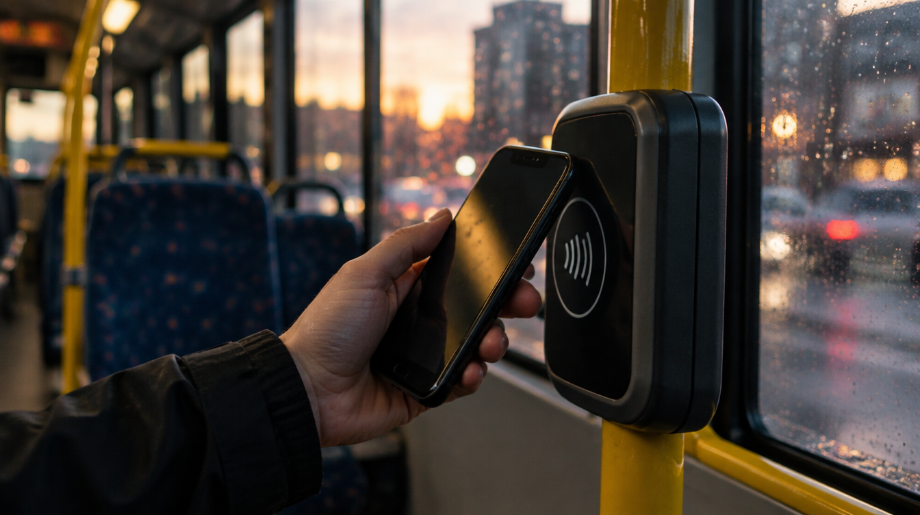 Hand holding a phone to a contactless reader on a bus at dusk after the rider chose to add Bee Card to Apple Wallet