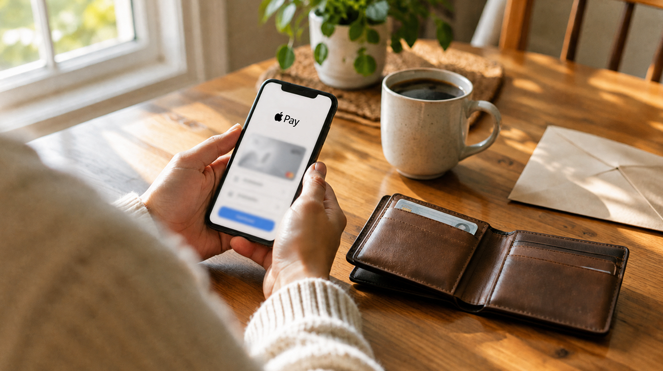 Hands holding an iPhone at a kitchen table beside a wallet and ID card, ready for Apple Cash identity verification