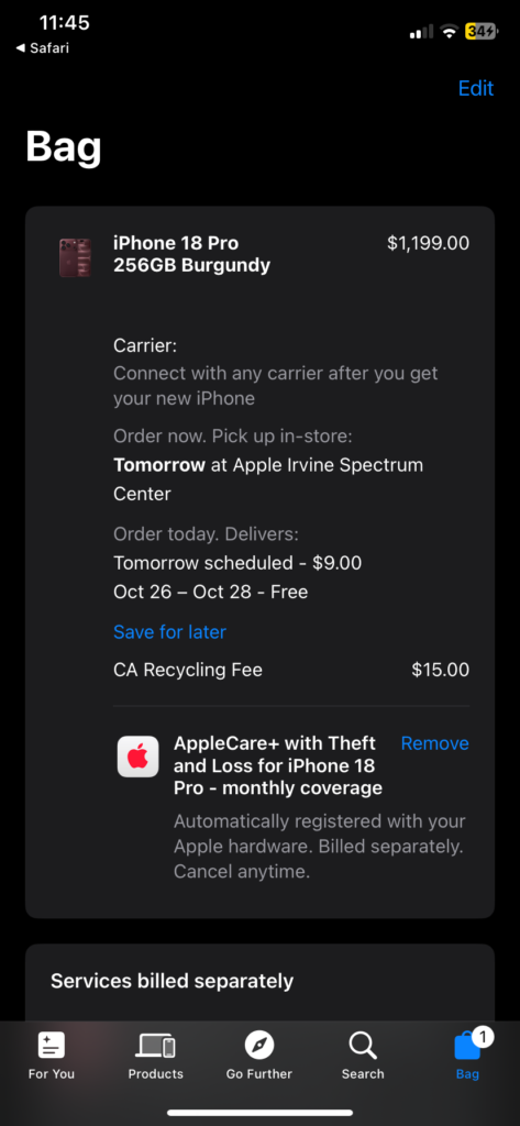Apple Store app bag showing iPhone 18 Pro with in-store pickup tomorrow at Apple Irvine Spectrum Center