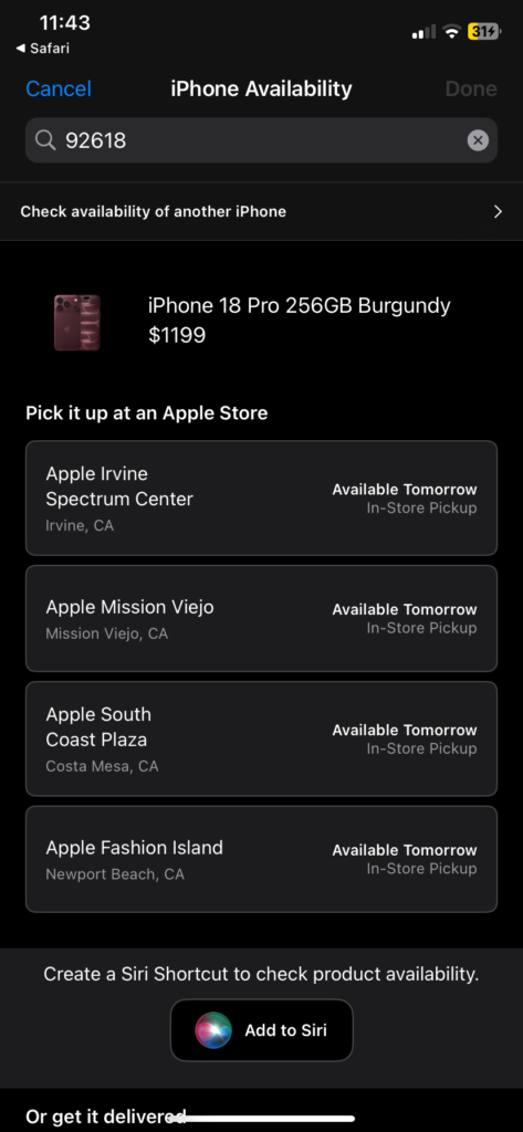Apple Store app pickup availability list showing nearby stores and in-store pickup dates