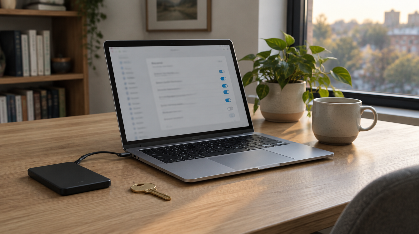 Open laptop on an oak desk beside a backup drive and a house key, a scene about Full Disk Access on Mac
