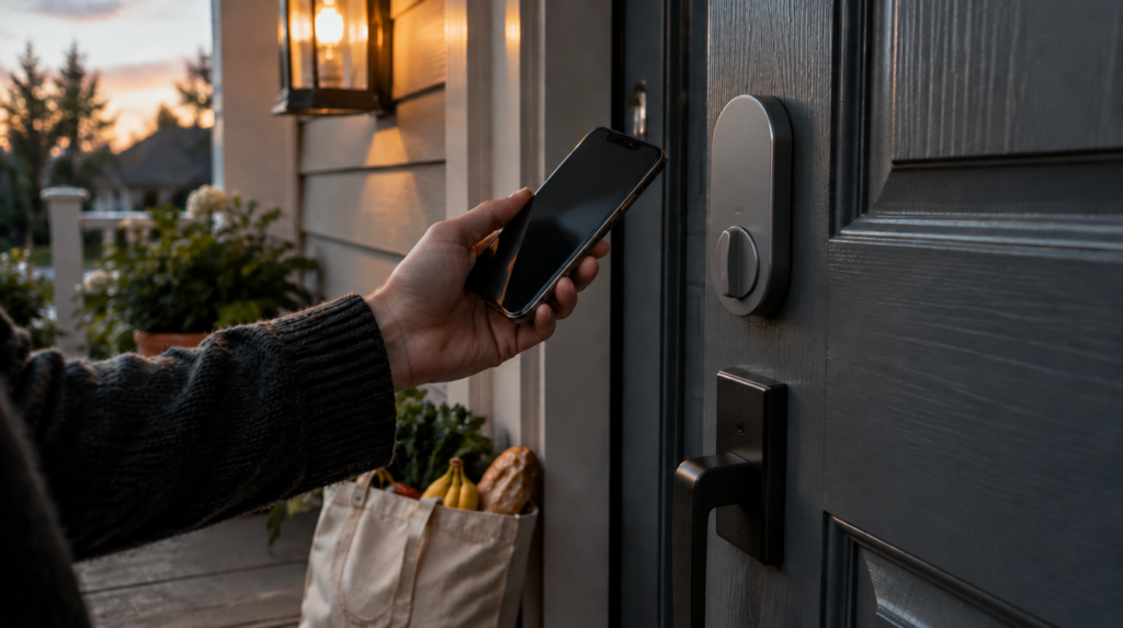 Hand holding a phone beside a graphite keypad deadbolt on a front door at dusk, an Apple smart lock scene