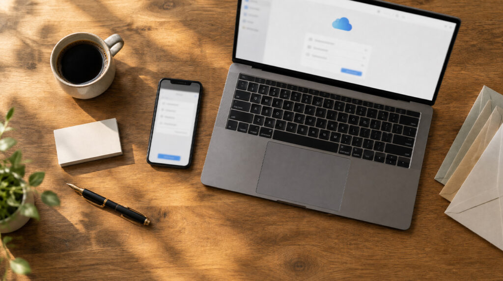iPhone and MacBook on a wooden desk with coffee and envelopes, ready for iCloud custom email domain setup