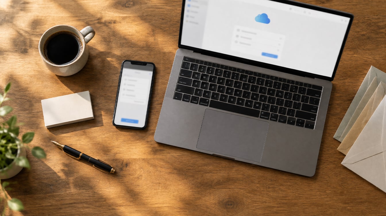 iPhone and MacBook on a wooden desk with coffee and envelopes, ready for iCloud custom email domain setup