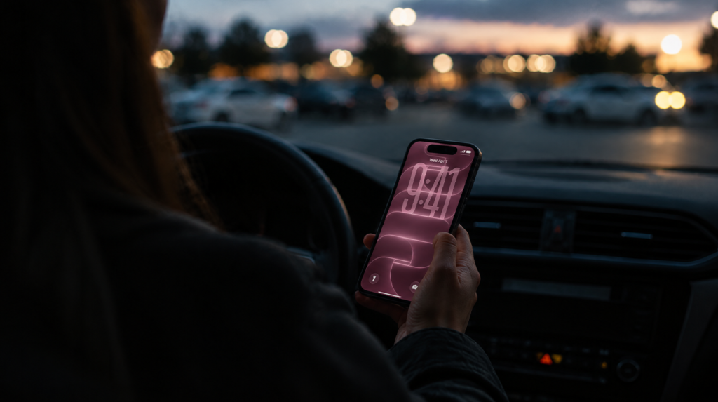 Person in a parked car at dusk holding a glowing smartphone, dealing with an iPhone 18 Pro Max SOS signal problem