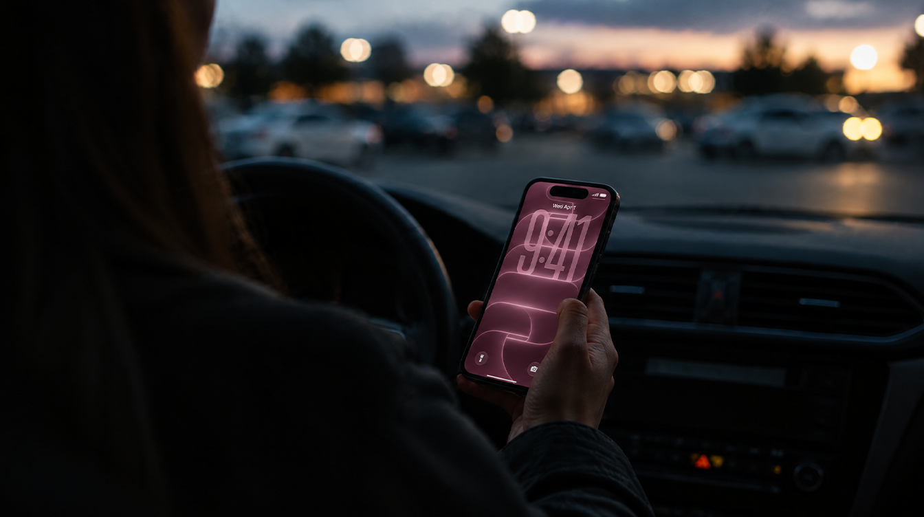 Person in a parked car at dusk holding a glowing smartphone, dealing with an iPhone 18 Pro Max SOS signal problem