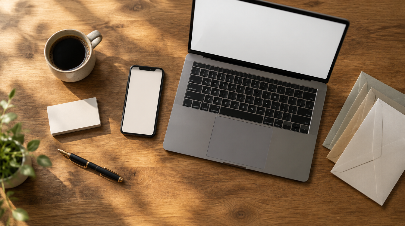 iPhone and MacBook on a wooden desk with coffee and envelopes, ready for iCloud custom email domain setup