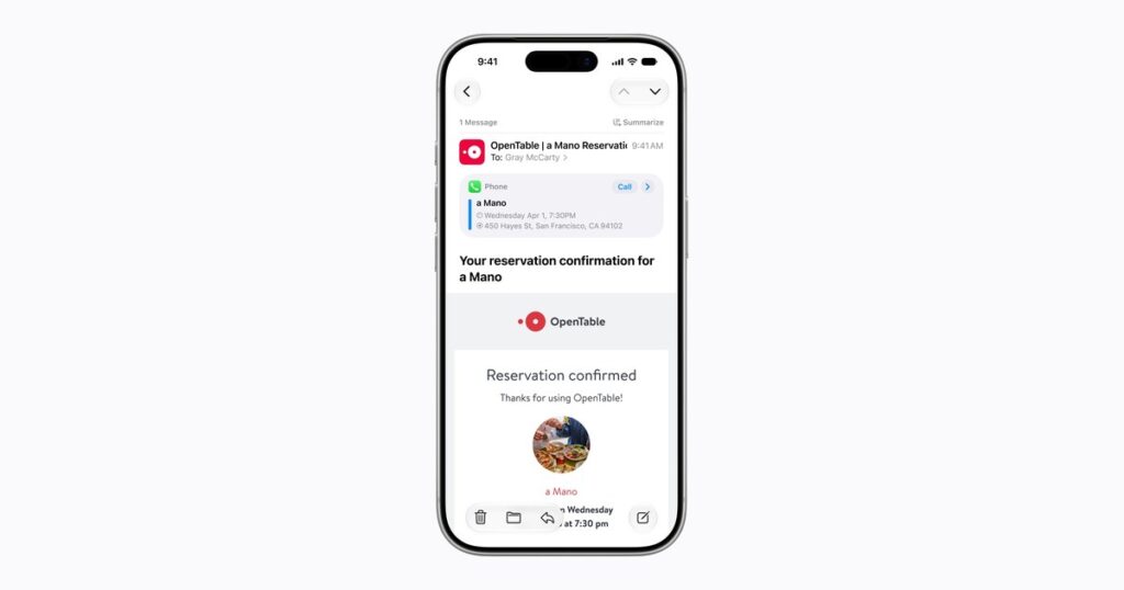 iPhone showing a restaurant reservation email in Mail with a suggestion card to call the restaurant, one of the iOS 27 Mail features