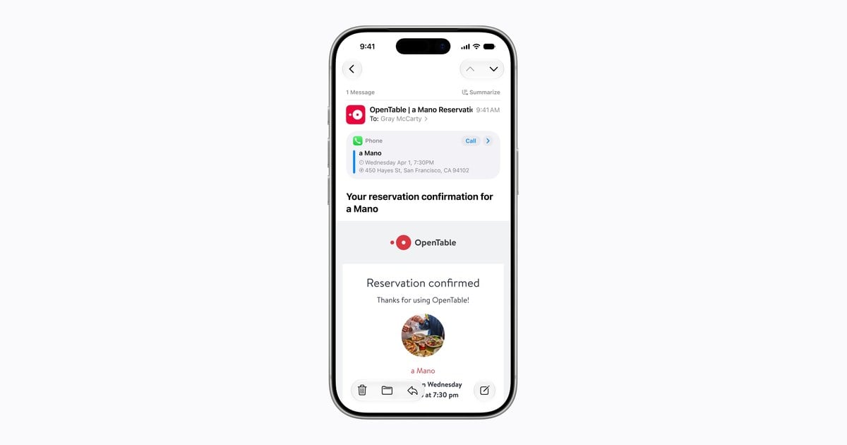 iPhone showing a restaurant reservation email in Mail with a suggestion card to call the restaurant, one of the iOS 27 Mail features