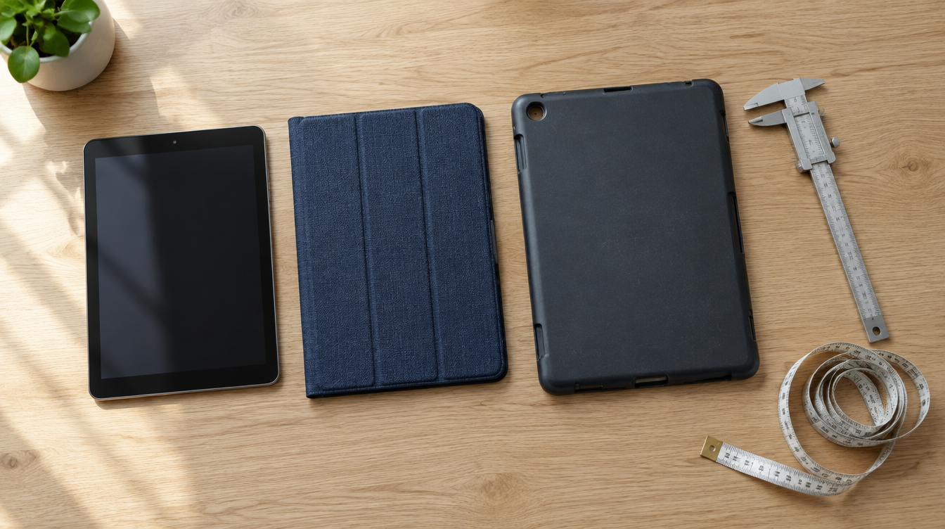 Small tablet beside a navy woven folio, an older hard case and a caliper, comparing iPad mini 8 case fit