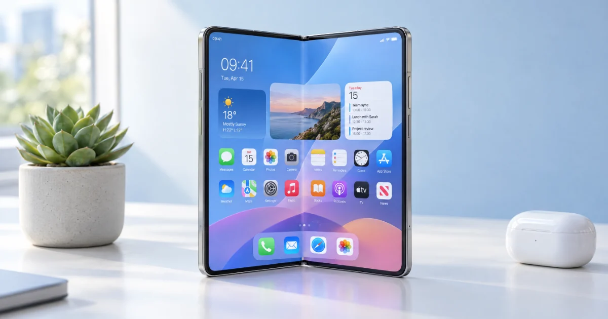Foldable iPhone Duo standing half-open on a white desk showing its home screen