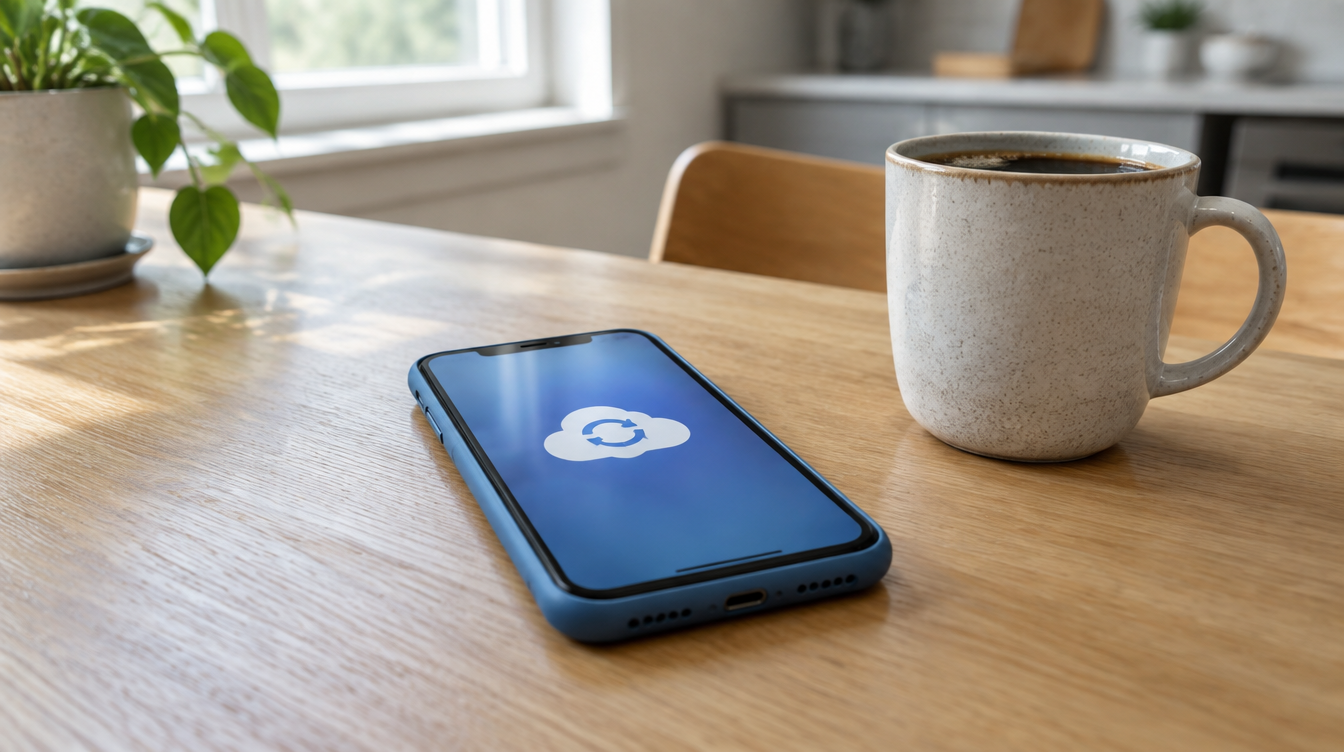Older iPhone in a blue case on a kitchen table showing a cloud storage app, with the OneDrive iPhone app not updating