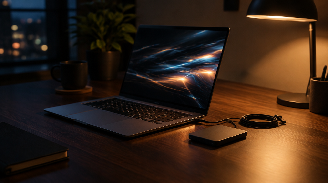 Silver laptop glowing on a dark walnut desk beside an external SSD, set up to remove Apple Intelligence from Mac storage