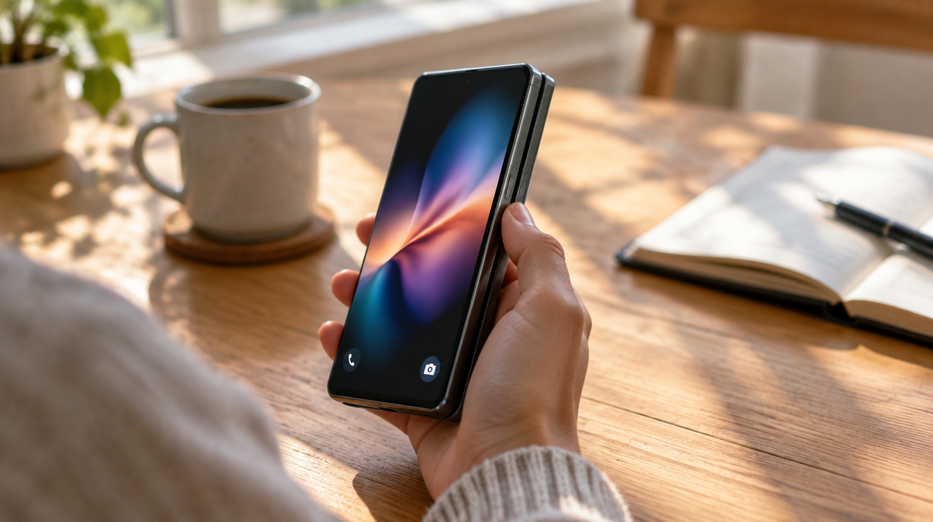 Hand holding a closed foldable phone at a sunny kitchen table, thumb on the side, with no iPhone Duo Action Button