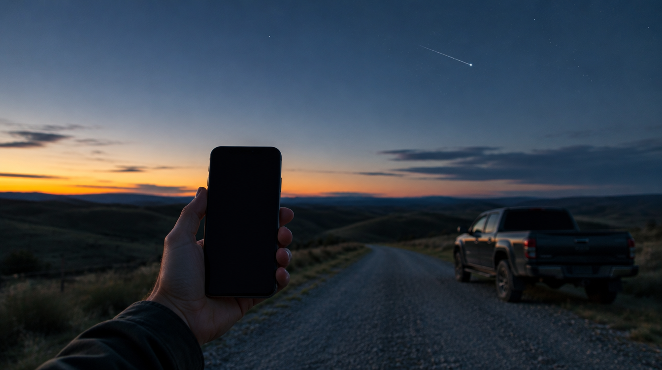 Hand holding a phone on a rural road at dusk as a satellite crosses the sky, a scene for Starlink mobile phone service