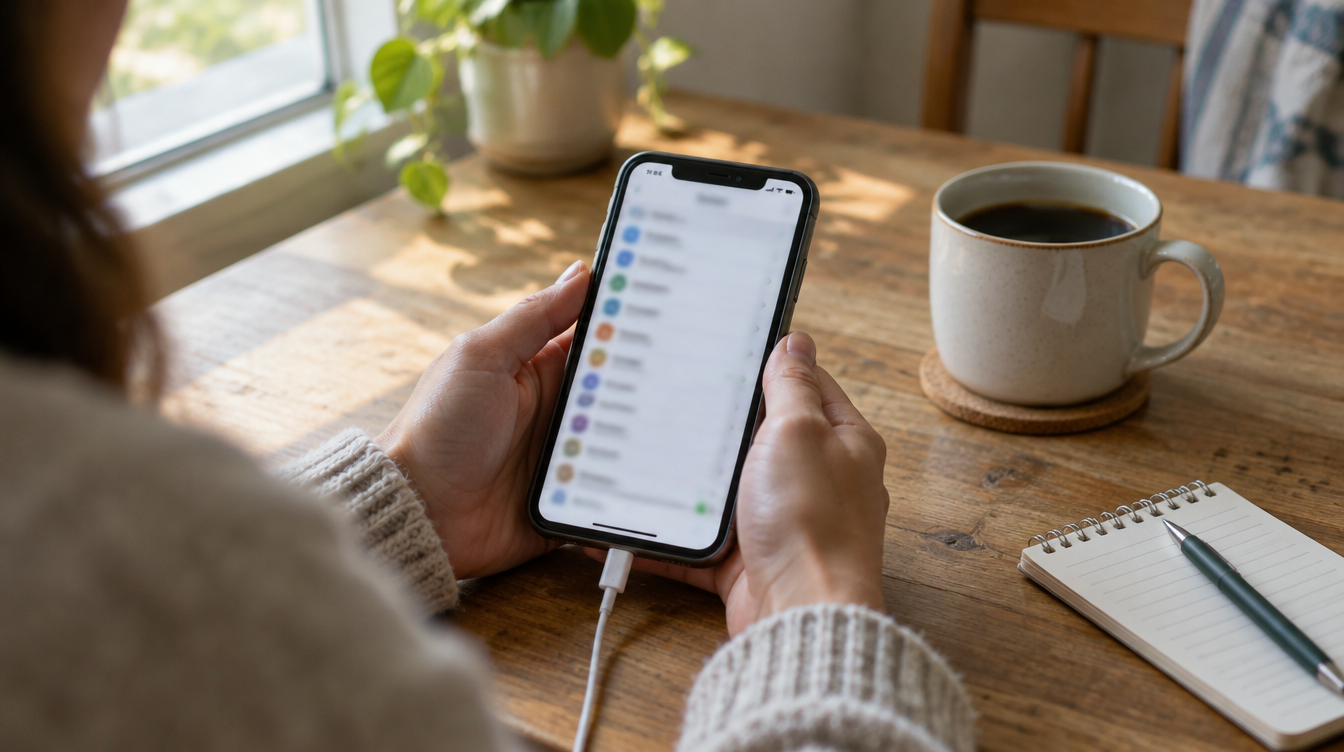 Hands holding a charging smartphone on a settings screen at a kitchen table, ready to stay on iOS 26
