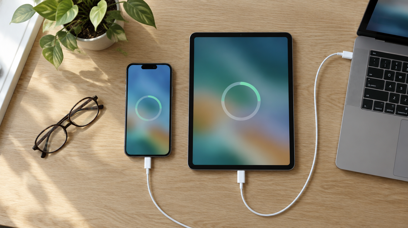 Phone and tablet cabled to a laptop on an oak desk, the setup you use to update your iPhone or iPad with a computer
