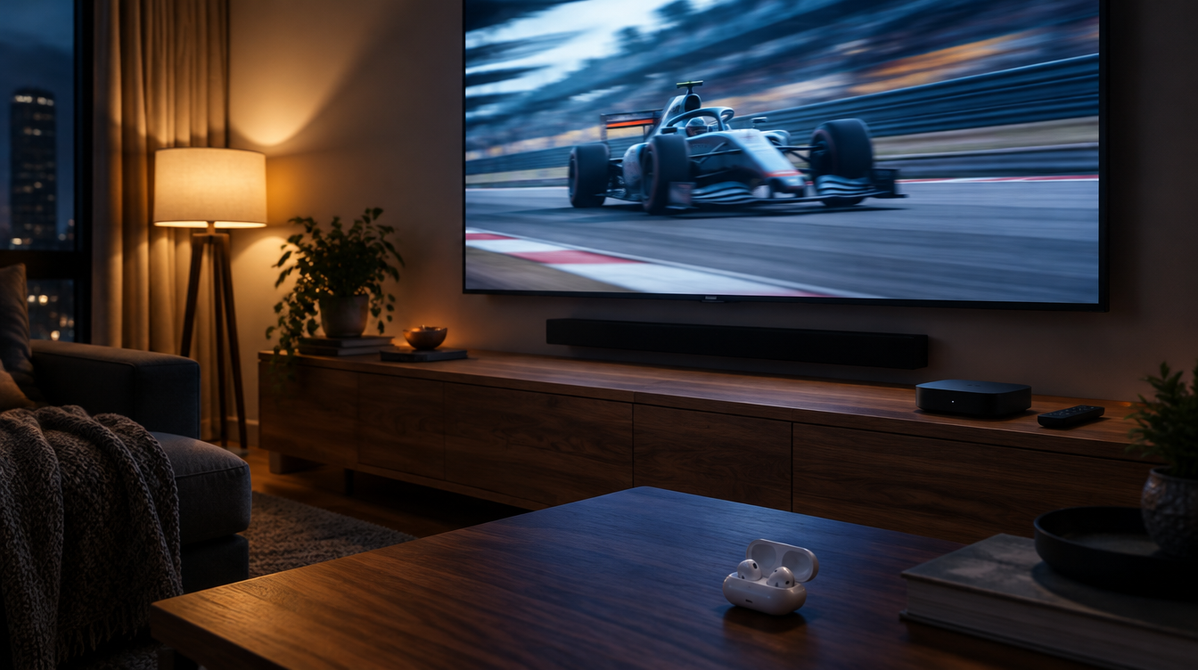 Race on a wall TV above a soundbar, with a streaming box and earbuds nearby, ready to watch F1 on Apple TV